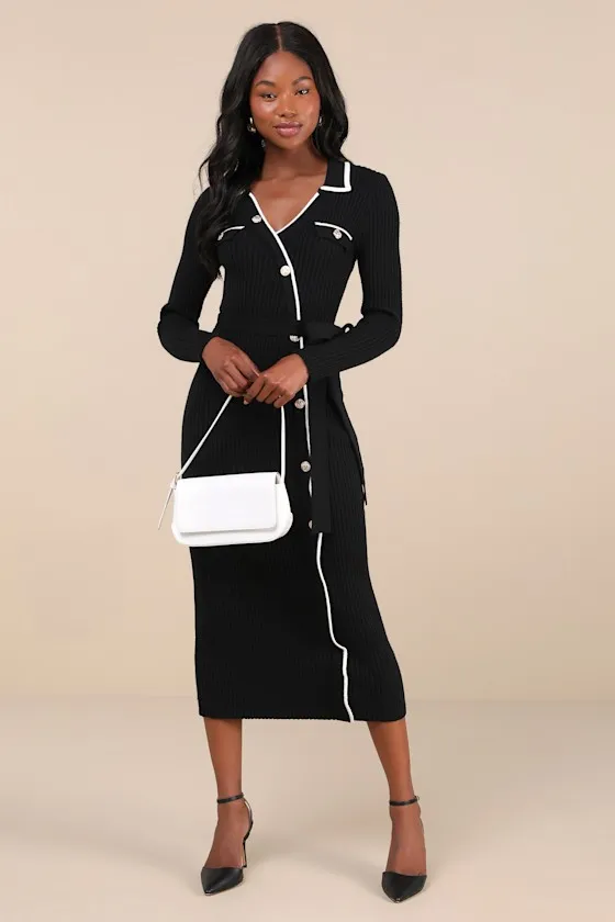 Chic Persuasion Black Ribbed Button-Front Midi Sweater Dress sold by Lulus product image thumbnail 2