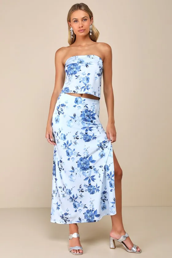Charming Excellence Light Blue Floral Satin Midi Skirt sold by Lulus