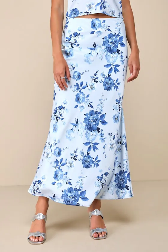 Charming Excellence Light Blue Floral Satin Midi Skirt sold by Lulus product image thumbnail 2
