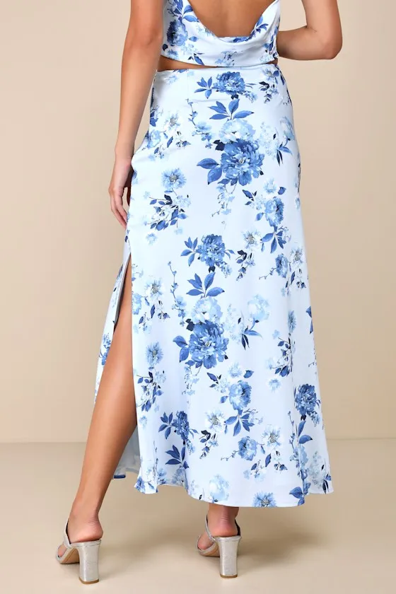 Charming Excellence Light Blue Floral Satin Midi Skirt sold by Lulus product image thumbnail 3