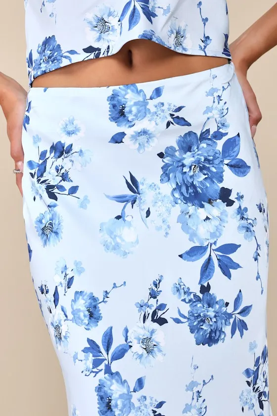 Charming Excellence Light Blue Floral Satin Midi Skirt sold by Lulus product image thumbnail 4