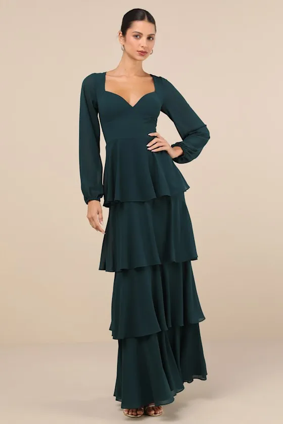 Flawless Excellence Emerald Tiered Long Sleeve Maxi Dress sold by Lulus