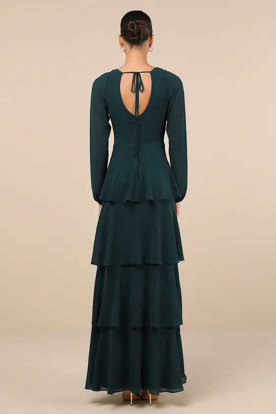 Flawless Excellence Emerald Tiered Long Sleeve Maxi Dress sold by Lulus product image thumbnail 2