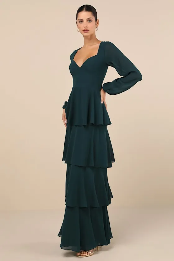 Flawless Excellence Emerald Tiered Long Sleeve Maxi Dress sold by Lulus product image thumbnail 4