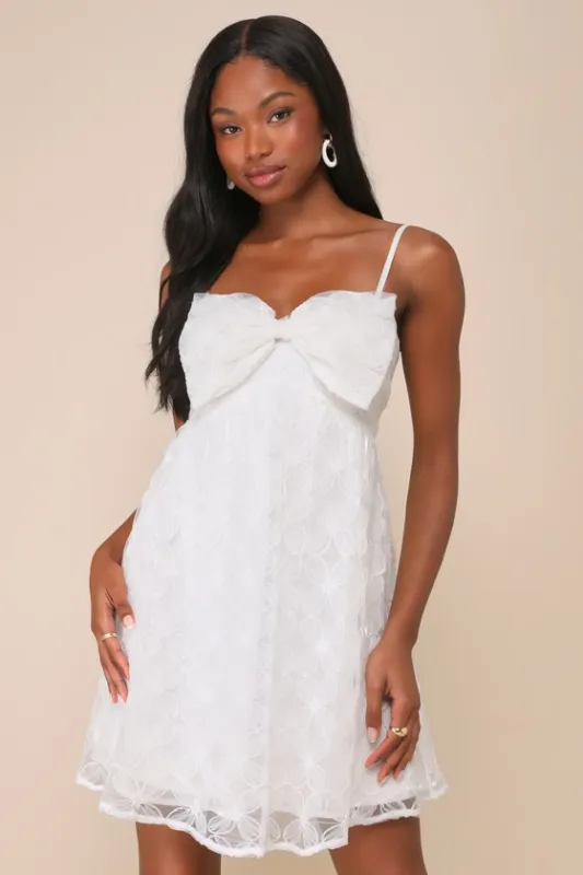 Charming Intent White Mesh Floral Applique Bow Mini Dress sold by Lulus