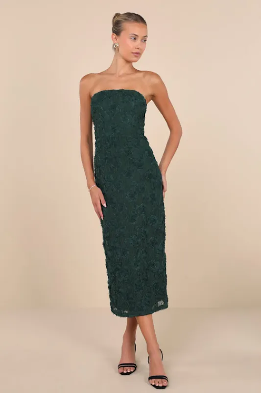 Flawless Perfection Emerald Floral Applique Strapless Midi Dress sold by Lulus