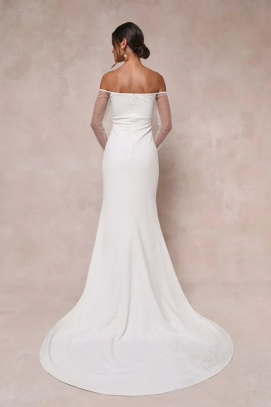 Eternally Beloved White Mesh Off-the-Shoulder Pearl Maxi Dress sold by Lulus product image thumbnail 3