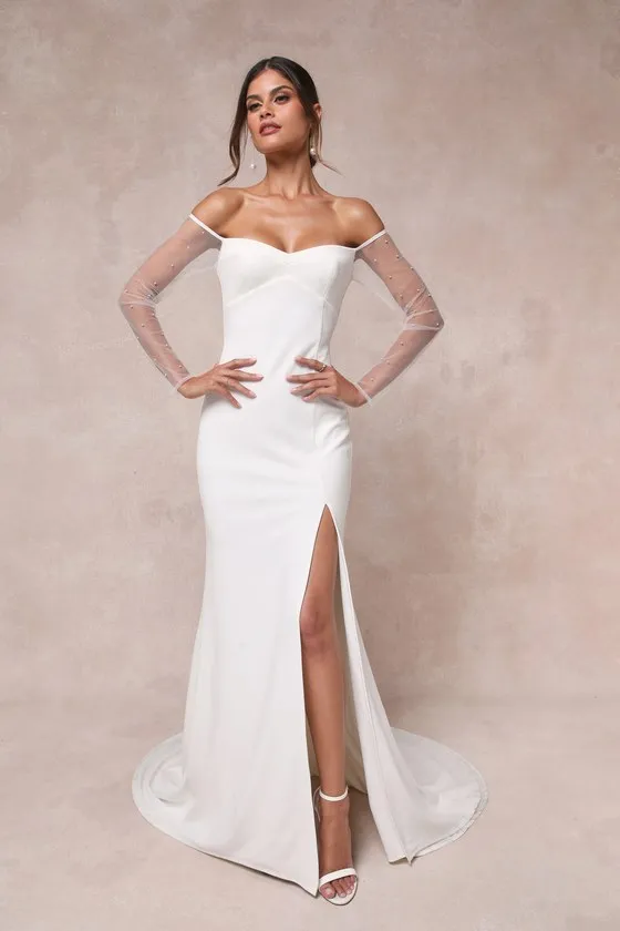 Eternally Beloved White Mesh Off-the-Shoulder Pearl Maxi Dress sold by Lulus product image thumbnail 4