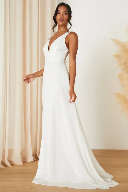 Adoring Vow White Chiffon Sheer Mesh Sequin A-Line Maxi Dress sold by Lulus