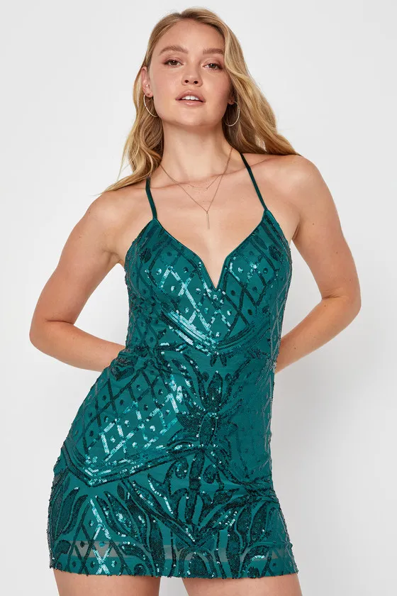 Undeniably Amazing Emerald Green Sequin Lace-Up Mini Dress sold by Lulus product image thumbnail 2