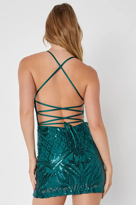 Undeniably Amazing Emerald Green Sequin Lace-Up Mini Dress sold by Lulus product image thumbnail 3