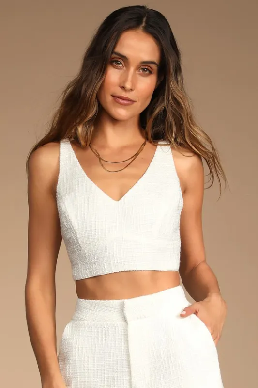 Chic and Sophisticated Ivory Tweed Cropped Tank Top sold by Lulus