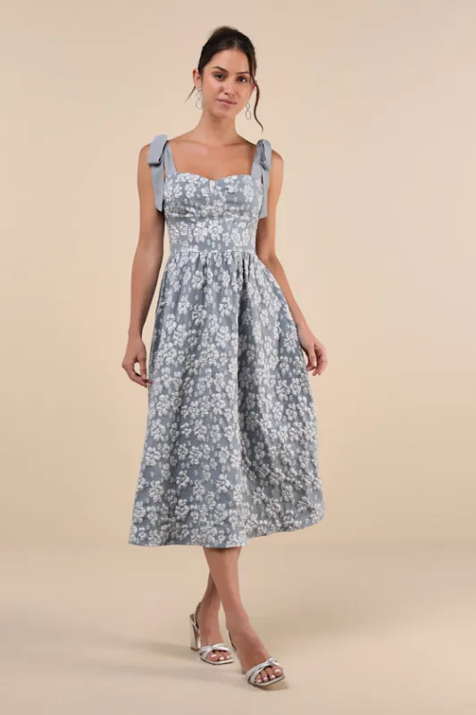 Bubbly Bliss Slate Blue Jacquard Bustier Tie-Strap Midi Dress sold by Lulus