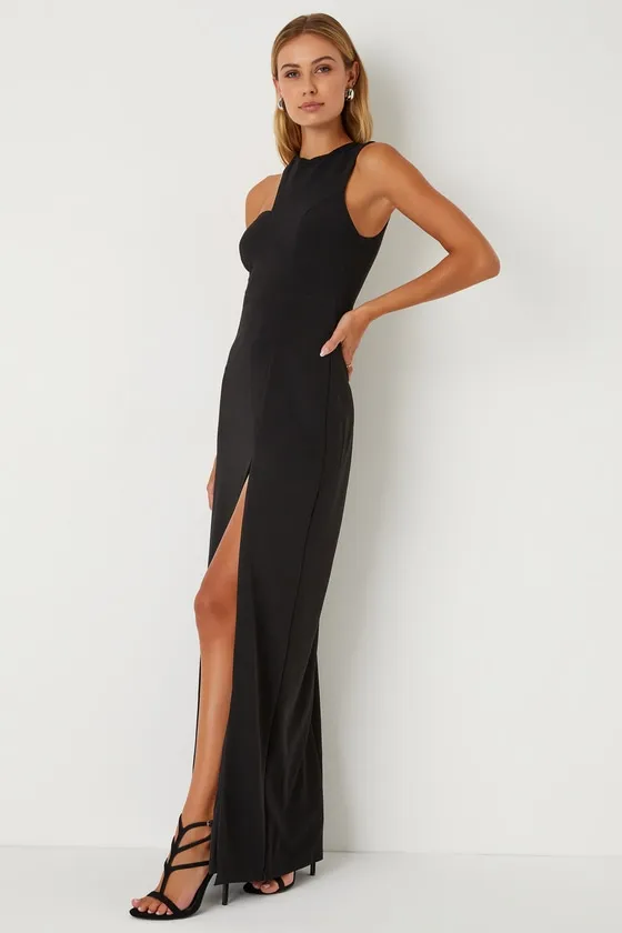 Poised Preparation Black Asymmetrical Column Maxi Dress sold by Lulus product image thumbnail 4