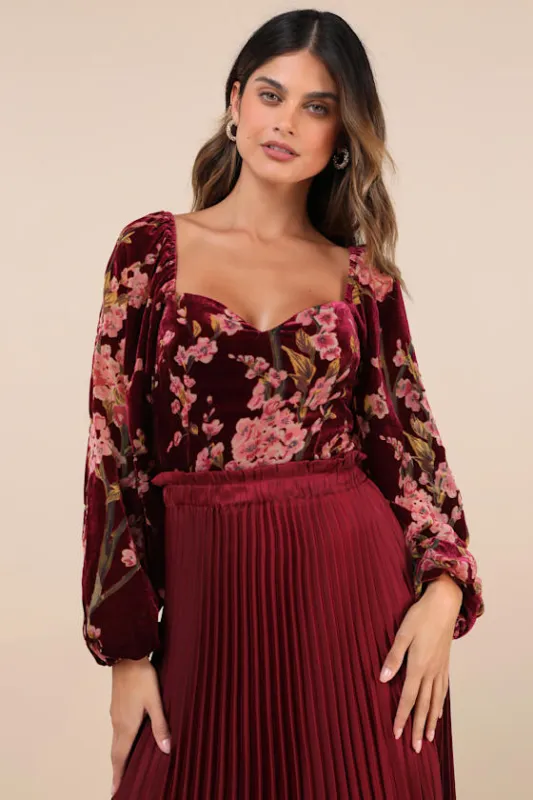 Luxe Romance Burgundy Velvet Floral Burnout Long Sleeve Bodysuit sold by Lulus