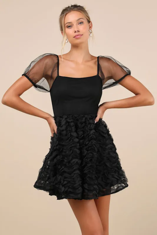 Collected Cutie Black Mesh Ruffled Short Sleeve Mini Dress sold by Lulus