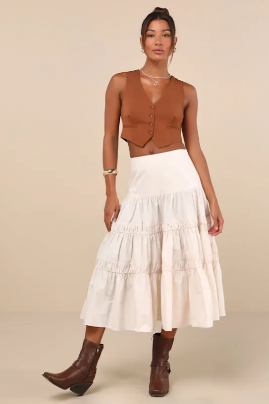 Darling Flourish Cream Tiered High-Rise Midi Skirt sold by Lulus