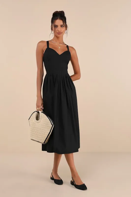 Strolling Sicily Black Pleated Backless Midi Dress With Pockets sold by Lulus
