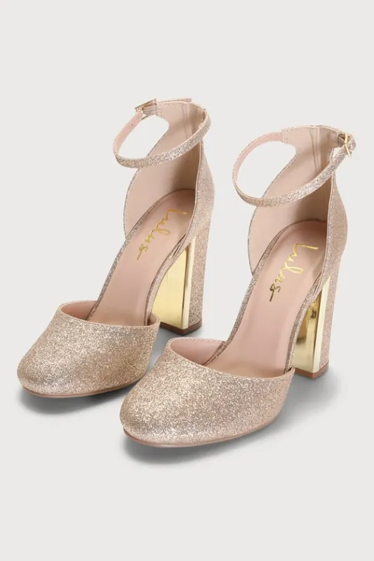 Laura Champagne Glitter Ankle Strap Heels sold by Lulus