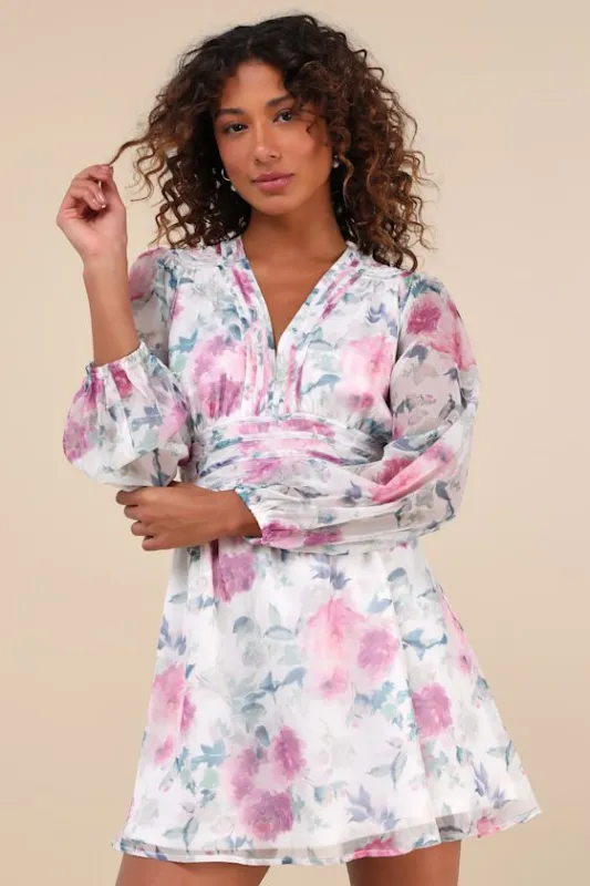 Gleaming Garden White Floral Print Long Sleeve Mini Dress sold by Lulus