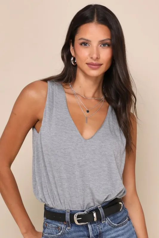 Chic on Repeat Heather Grey V-Neck Sleeveless Bodysuit sold by Lulus