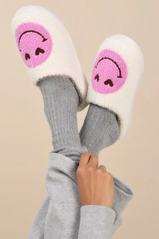 Cozi White and Pink Happy Face Shearling Slippers sold by Lulus