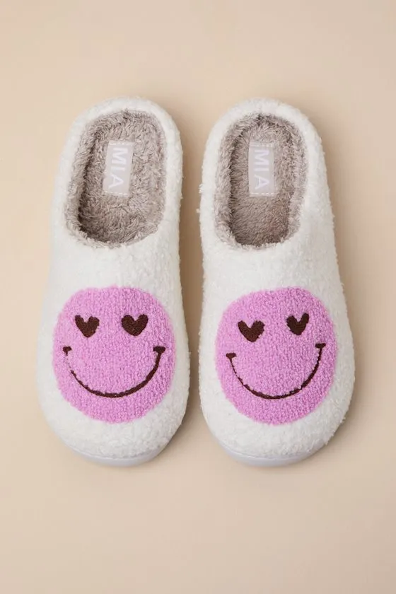 Cozi White and Pink Happy Face Shearling Slippers sold by Lulus product image thumbnail 2