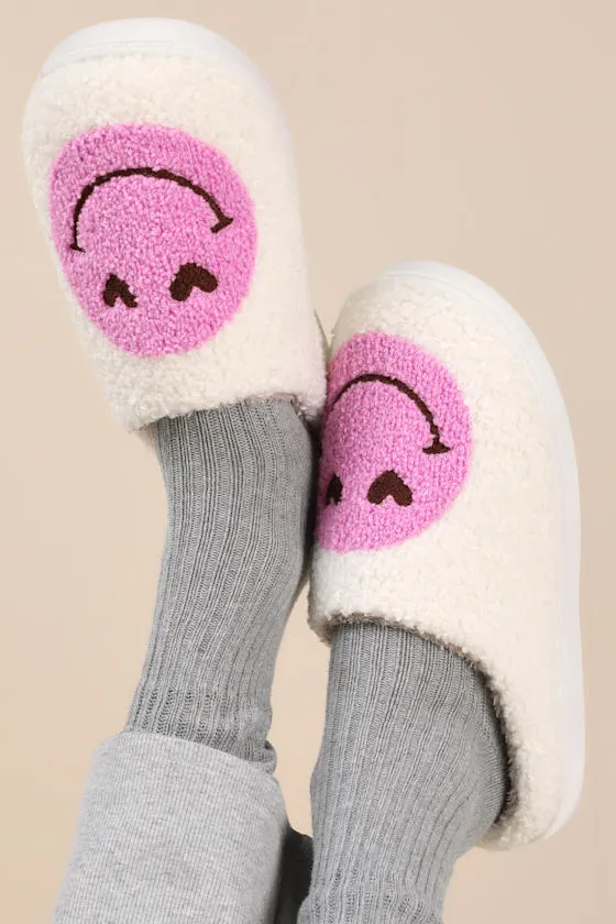 Cozi White and Pink Happy Face Shearling Slippers sold by Lulus product image thumbnail 3