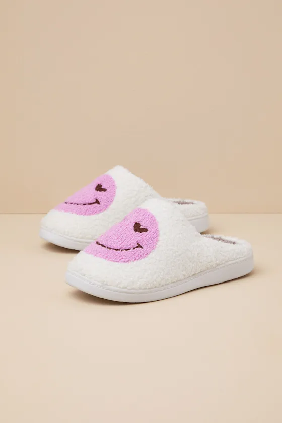 Cozi White and Pink Happy Face Shearling Slippers sold by Lulus product image thumbnail 4