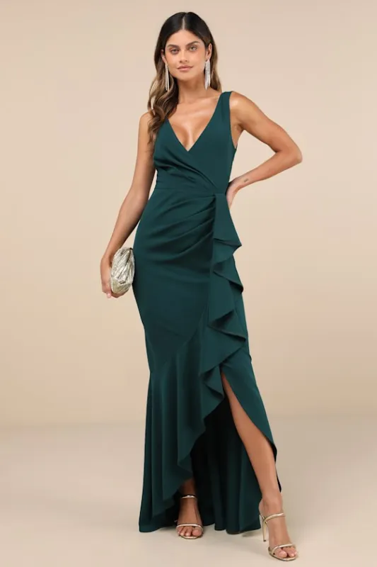 Pure Loveliness Emerald Pleated Ruffled High-Low Maxi Dress sold by Lulus