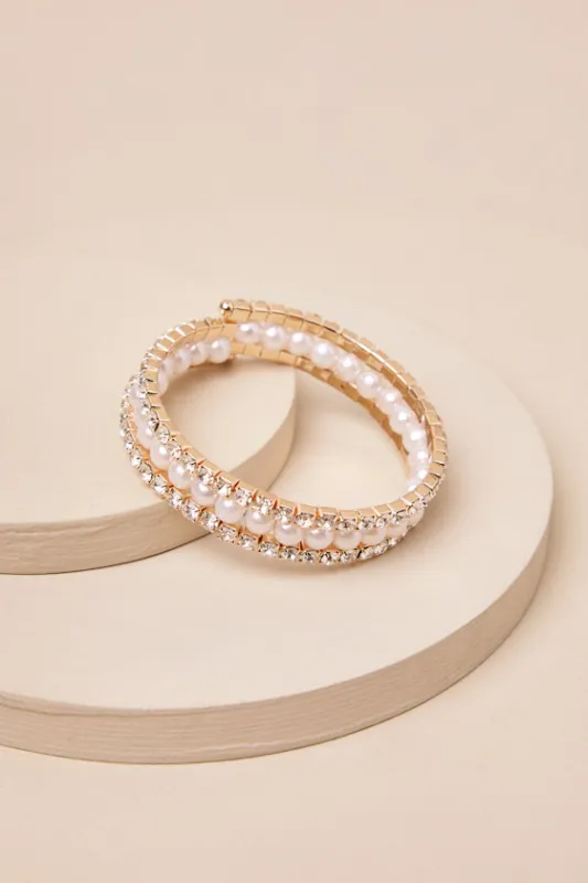Impeccable Detail Gold Rhinestone Pearl Cuff Bracelet sold by Lulus