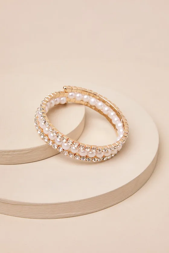 Impeccable Detail Gold Rhinestone Pearl Cuff Bracelet sold by Lulus