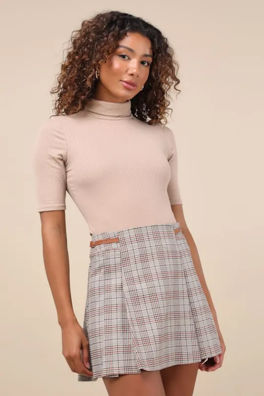 Academic Attitude Beige Multi Plaid Buckle Pleated Mini Skirt sold by Lulus