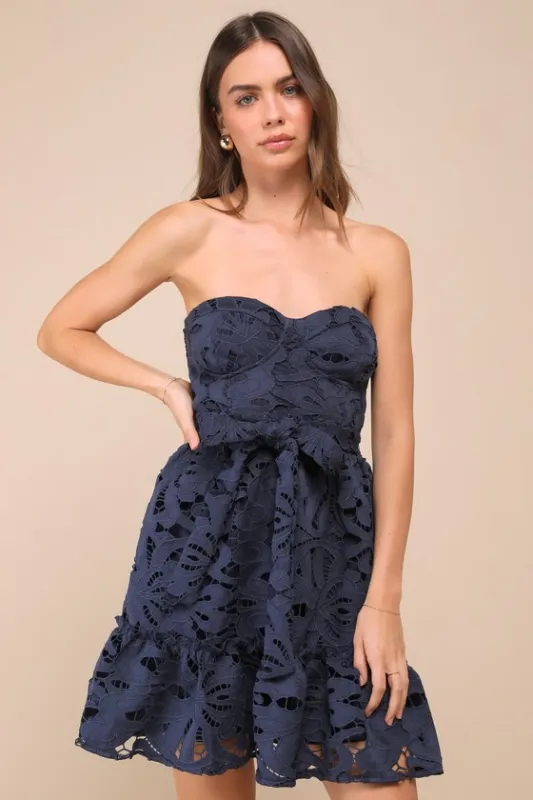 Majorly Cute Navy Blue Crochet Lace Strapless Bustier Mini Dress sold by Lulus