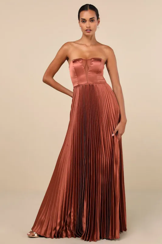 Perfected Elegance Mauve Satin Pleated Strapless Maxi Dress sold by Lulus