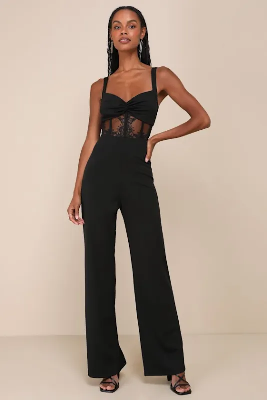 Adore the Feeling Black Sheer Lace Bustier Twist-Front Jumpsuit sold by Lulus