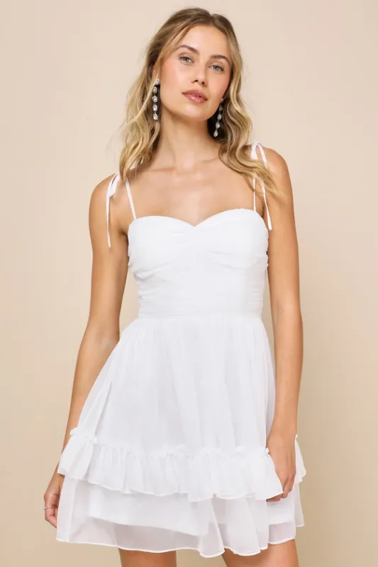 Angelic Approach White Chiffon Ruffled Tie-Strap Mini Dress sold by Lulus