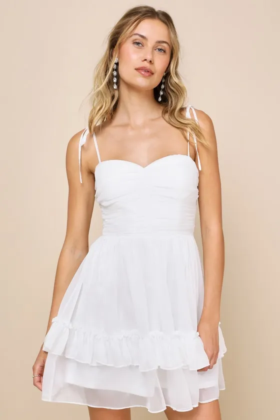 Angelic Approach White Chiffon Ruffled Tie-Strap Mini Dress sold by Lulus