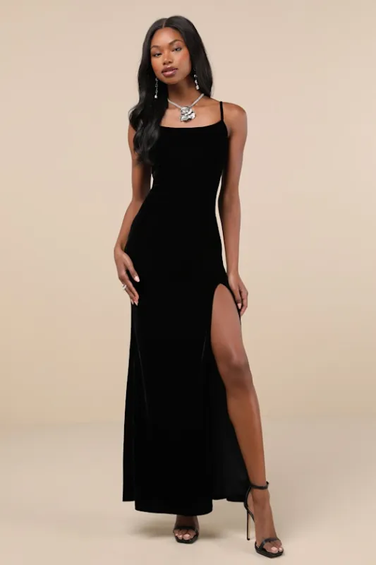 Kissable Beauty Black Velvet Sleeveless Maxi Dress sold by Lulus
