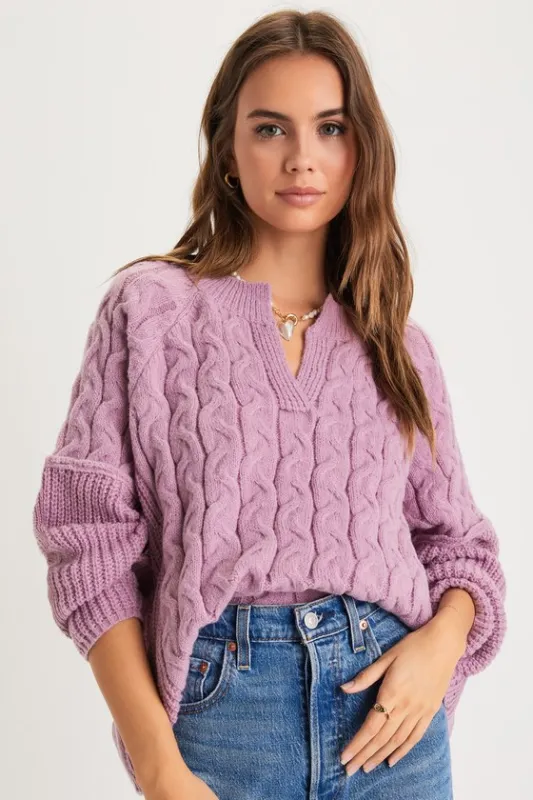 Toasty Charm Lavender Cable Knit Notched Oversized Sweater sold by Lulus