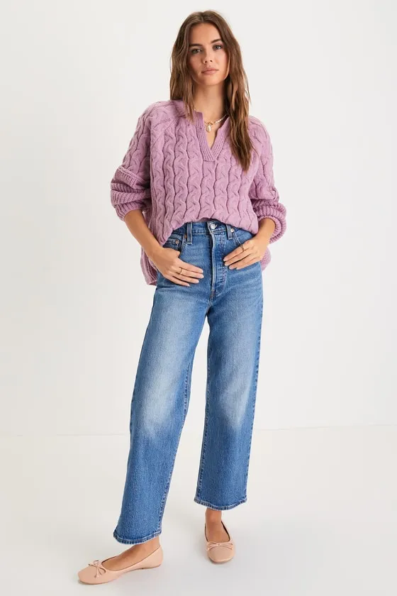 Toasty Charm Lavender Cable Knit Notched Oversized Sweater sold by Lulus product image thumbnail 2