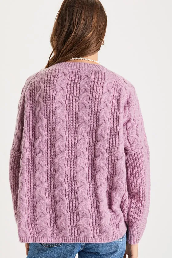 Toasty Charm Lavender Cable Knit Notched Oversized Sweater sold by Lulus product image thumbnail 3