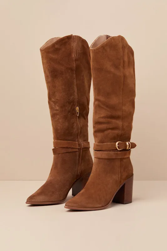 Tyrone Wide Calf Brown Suede Buckle Pointed-Toe Knee-High Boots sold by Lulus