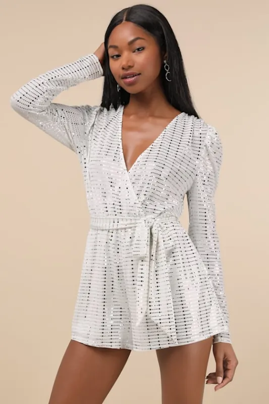 Bettie White Metallic Long Sleeve Romper sold by Lulus