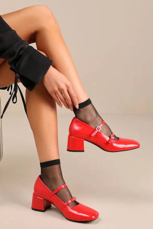 Adison Flame Red Leather Strappy Mary Jane Pumps sold by Lulus