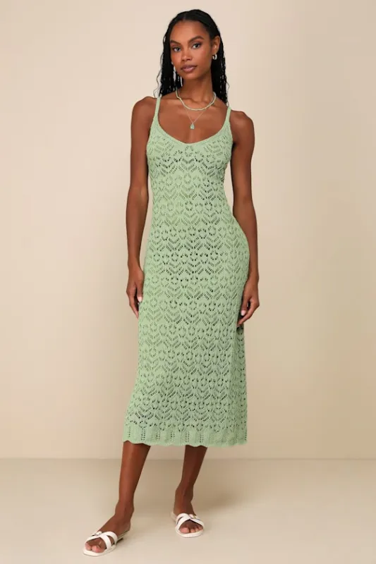 Sunset Vibes Green Crochet Sleeveless Midi Dress made by Lulus