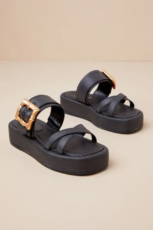 Lola Black Buckle Flatform Slide Sandals sold by Lulus