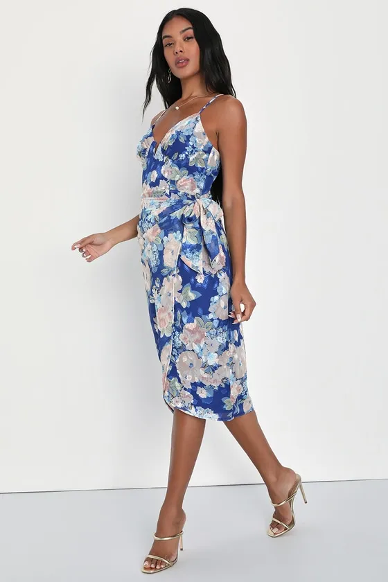 Effortless Attraction Blue Floral Bustier Faux Wrap Midi Dress sold by Lulus product image thumbnail 4