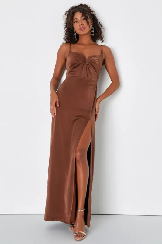 Lovely Drama Brown Satin Sleeveless A-Line Maxi Dress made by Lulus