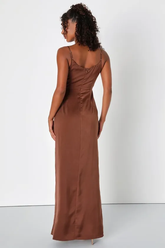 Lovely Drama Brown Satin Sleeveless A-Line Maxi Dress sold by Lulus product image thumbnail 2